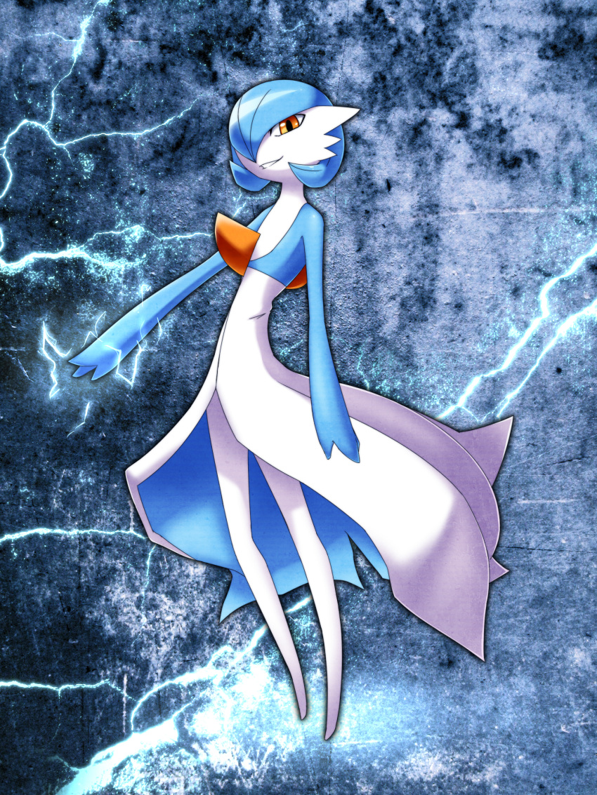 alternate_color, blue_hair, blue_skin, colored_skin, dress, gardevoir, hair_over_one_eye, highres