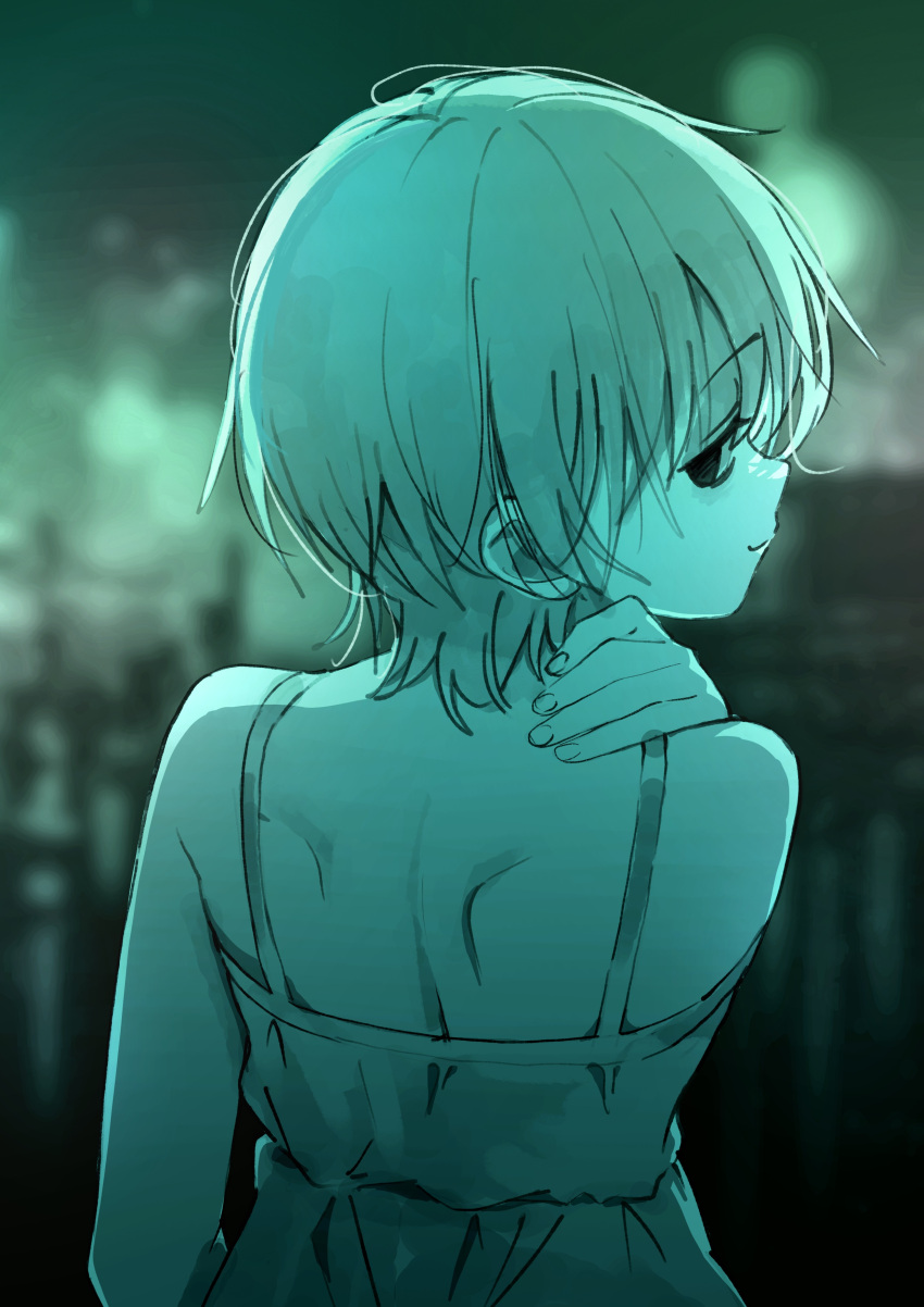 1girl, absurdres, bare_shoulders, blurry, chou_(danny8461), depth_of_field, dress, from_behind