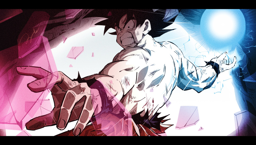 1boy, back, black_hair, black_sash, black_wristband, blue_background, broken_glass, clenched_teeth
