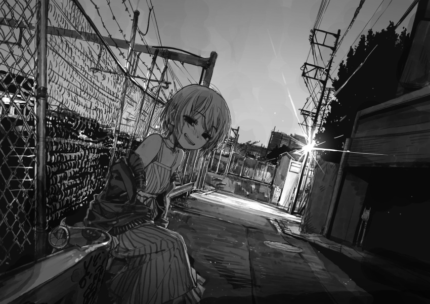 1girl, absurdres, building, chou_(danny8461), dress, fence, greyscale, highres, jacket, looking_at_viewer, monochrome, off_shoulder, open_clothes, open_jacket, original, outdoors, road, short_hair, sitting, sketch, sky, smile, solo, street