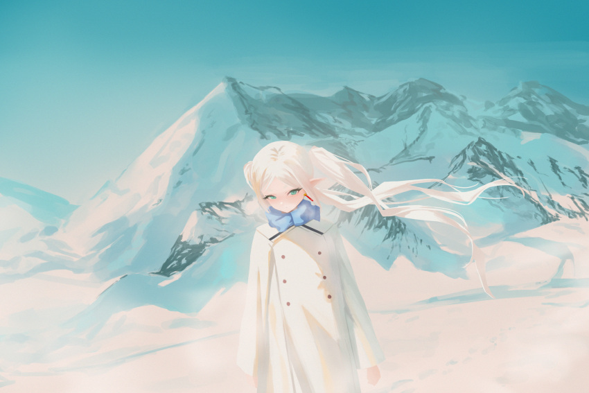 1girl, blue_scarf, blue_sky, coat, day, earrings, elf, frieren, green_eyes, highres, jewelry, mountain, outdoors, pointy_ears, qazplm951, scarf, sky, snow, sousou_no_frieren, twintails, white_coat, white_hair