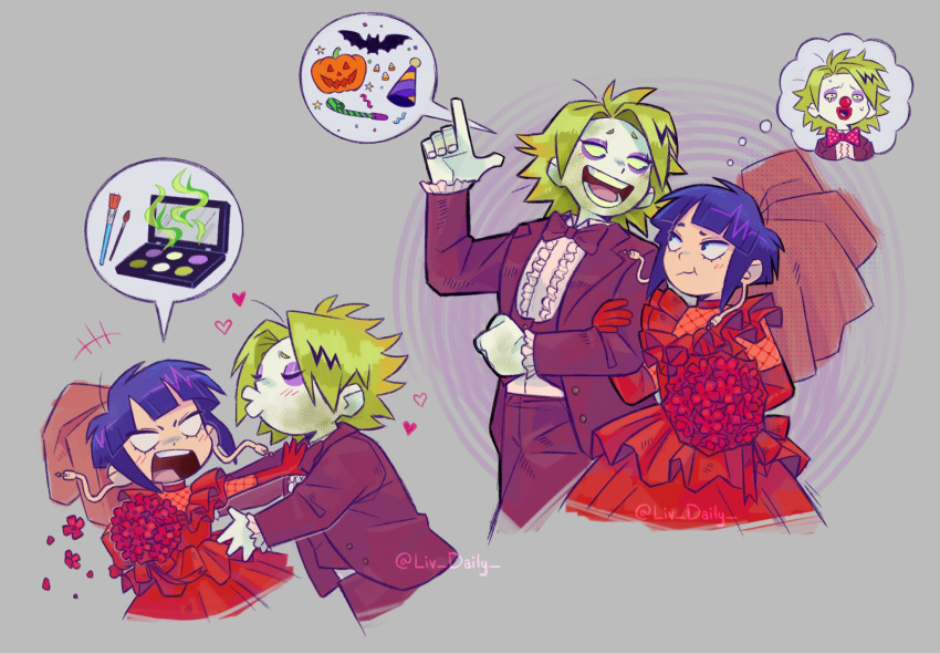 1boy, 1girl, beetlejuice, betelgeuse_(beetlejuice), betelgeuse_(beetlejuice)_(cosplay), boku_no_hero_academia, bouquet, bride