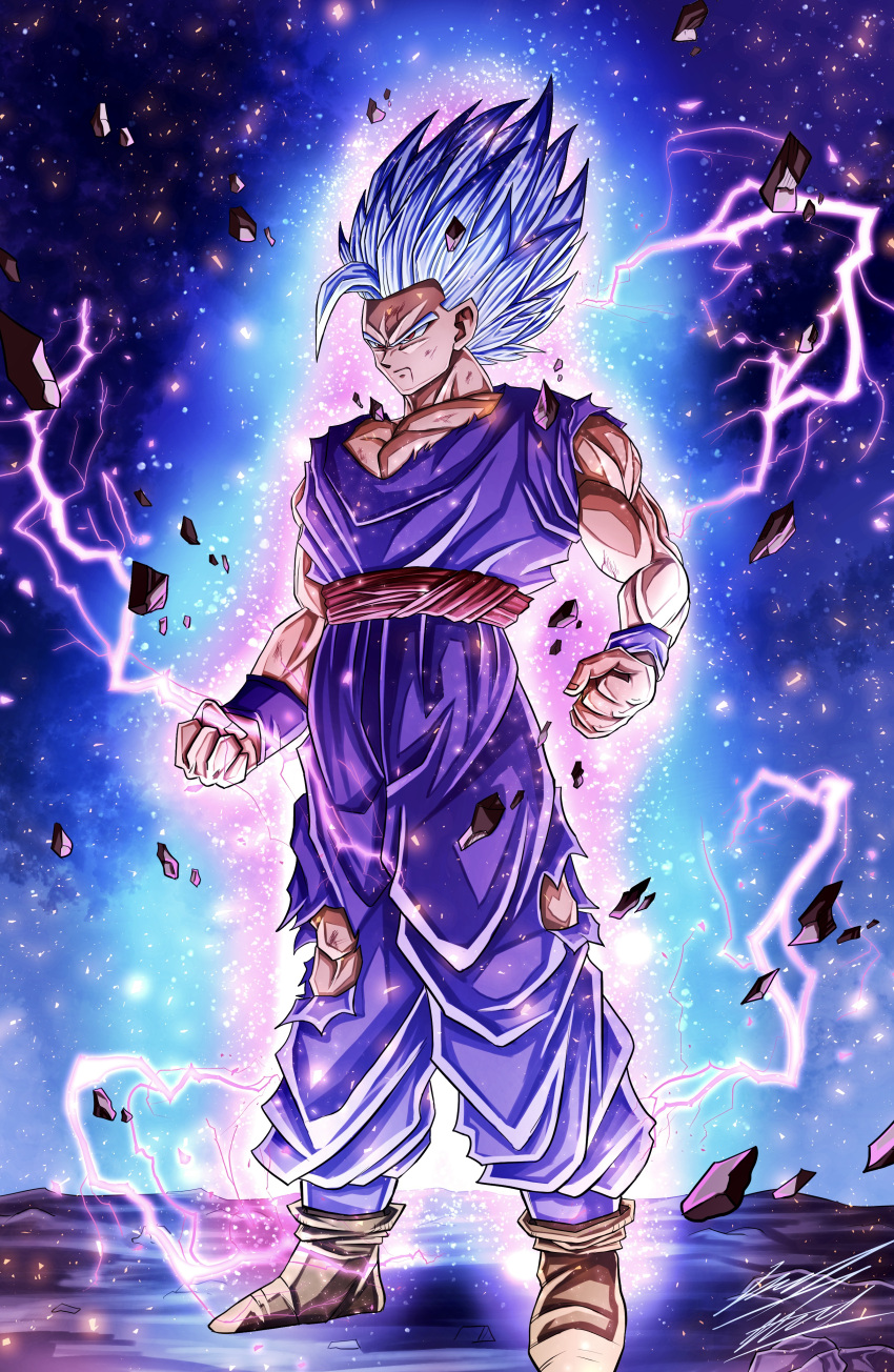 1boy, absurdres, artist_name, baggy_pants, blood_on_mouth, blue_background, brown_footwear, clenched_hands, commentary_request, curtained_hair, dougi, dragon_ball, dragon_ball_super, dragon_ball_super_super_hero, english_commentary, full_body, gohan_beast, grey_hair, highres, long_bangs, long_hair, looking_ahead, lying, male_focus, mixed-language_commentary, muscular, muscular_male, nose, on_back, pants, purple_aura, purple_dougi, purple_electricity, purple_pants, purple_vest, purple_wristband, red_eyes, red_sash, sash, scratches, signature, solo, son_gohan, spiky_hair, standing, star_(sky), starry_sky_background, user_djmm3782, v-neck, v-shaped_eyes, vest