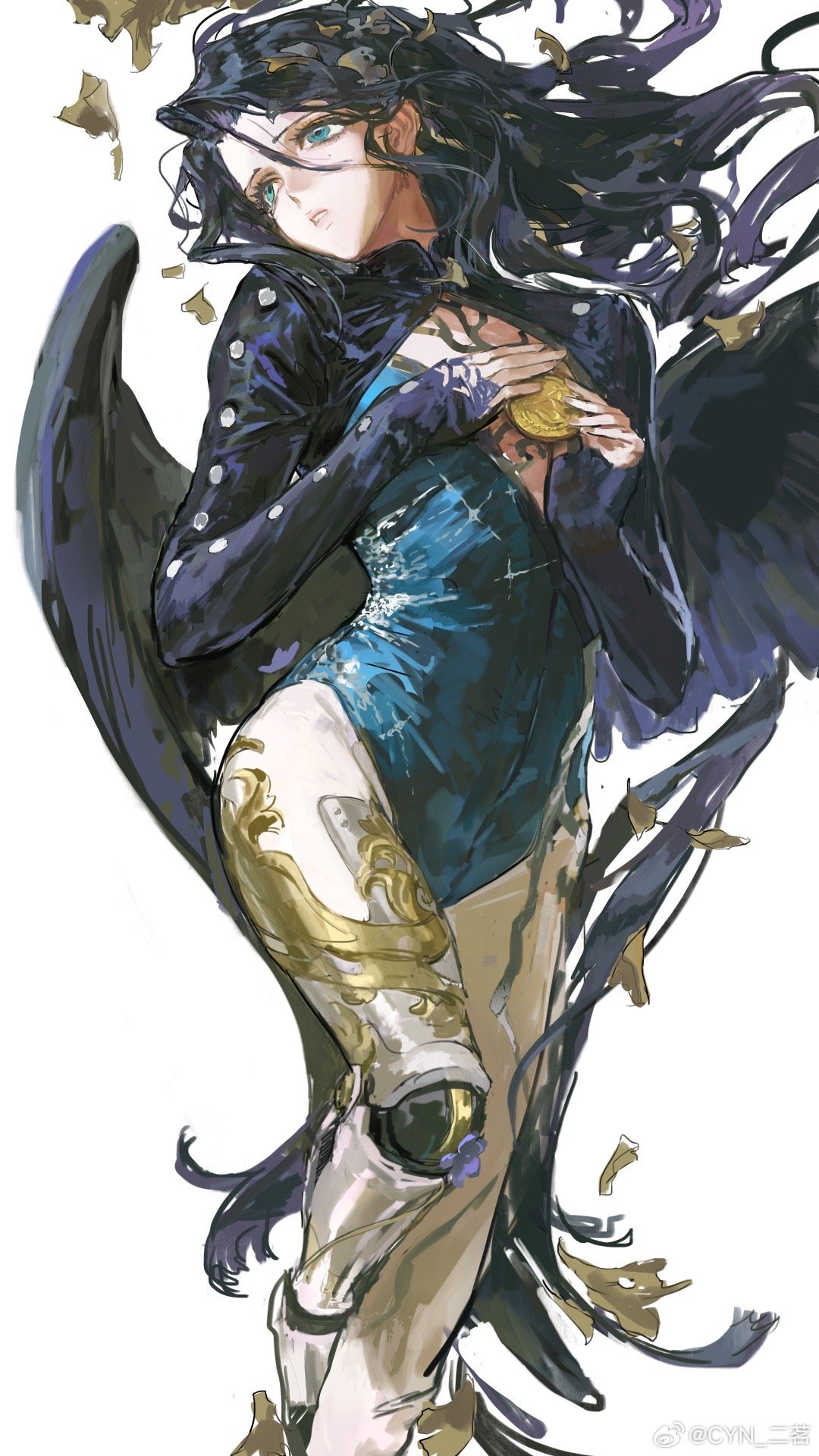 1girl, athletic_leotard, bird_wings, black_hair, black_leotard, black_wings, blue_eyes, blue_leotard, cleavage_cutout, clothing_cutout, erming225, falling_leaves, feathered_wings, feet_out_of_frame, hair_between_eyes, hands_up, highres, holding_medal, leaf, leg_up, leotard, long_hair, long_sleeves, looking_to_the_side, medal, mole, mole_under_eye, pantyhose, parted_lips, prosthesis, prosthetic_leg, reverse:1999, solo, standing, standing_on_one_leg, turning_head, two-tone_leotard, very_long_hair, wavy_hair, weibo_logo, weibo_watermark, white_background, white_pantyhose, willow_(reverse:1999), wings