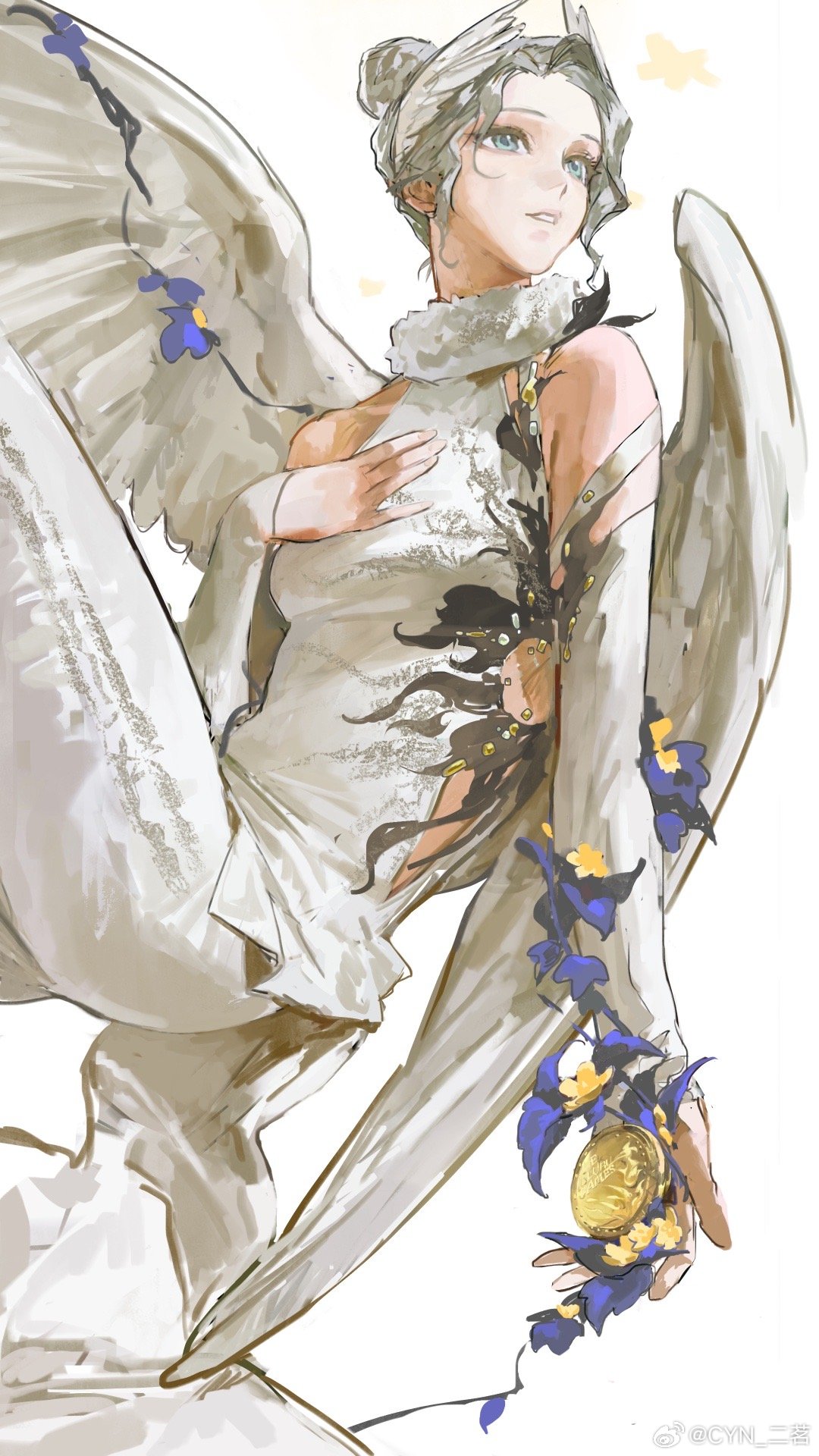 1girl, athletic_leotard, bare_shoulders, bird_wings, blue_eyes, cape, caroline_bartley, clothing_cutout, cowboy_shot, detached_sleeves, erming225, feather_hair_ornament, feathered_wings, feathers, fur_collar, grey_hair, hair_bun, hair_ornament, hand_on_own_chest, hand_up, highres, holding_medal, legs_up, leotard, looking_to_the_side, medal, pantyhose, parted_lips, plant, reverse:1999, short_hair, side_cutout, solo, turning_head, vines, weibo_logo, weibo_watermark, white_background, white_cape, white_leotard, white_pantyhose, white_sleeves, white_wings, wings