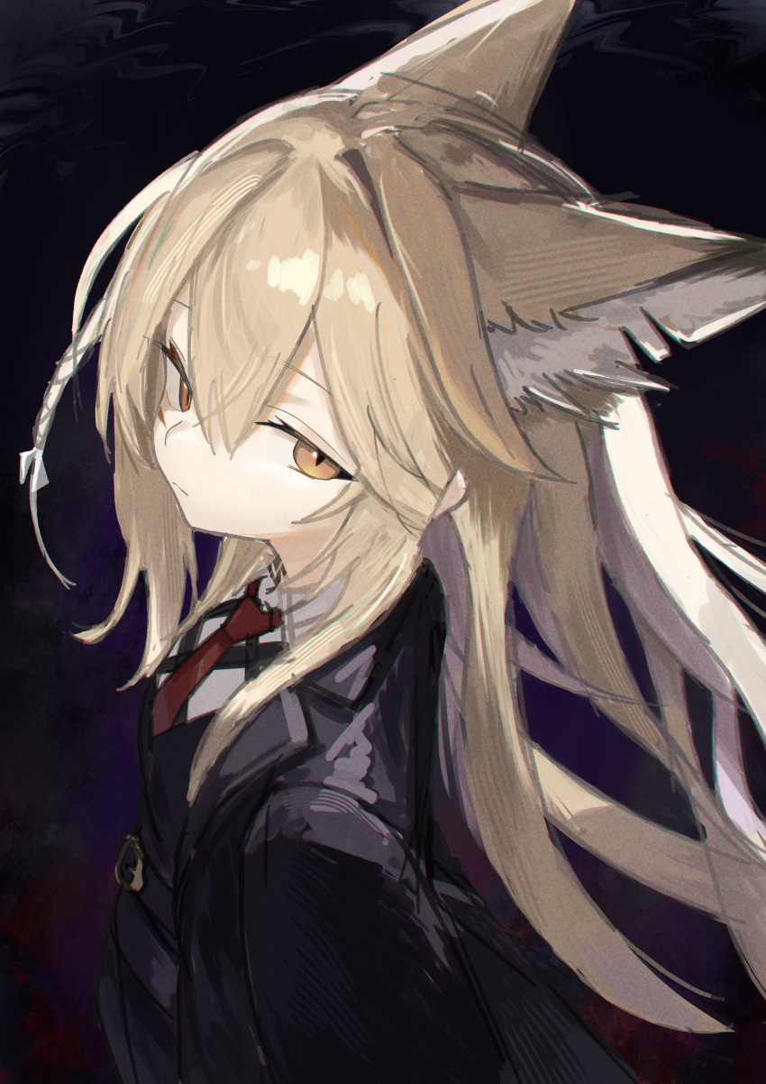 1girl, absurdres, animal_ears, arknights, black_background, black_coat, blonde_hair, closed_mouth