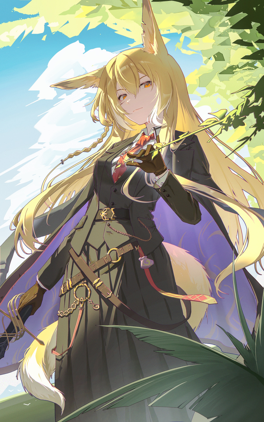 1girl, absurdres, animal_ears, arknights, belt, belt_buckle, black_belt, black_coat, black_jacket, black_skirt, black_vest, blonde_hair, brown_gloves, buckle, buttoned_cuffs, buttons, chain, chinese_commentary, closed_mouth, coat, coat_on_shoulders, collared_shirt, commentary, day, enoharatoki, feet_out_of_frame, from_below, gloves, gold, hair_between_eyes, hand_up, highres, holding, jacket, lapels, light_smile, long_hair, long_skirt, long_sleeves, looking_at_viewer, multicolored_hair, necktie, o-ring, open_clothes, open_jacket, orange_eyes, orange_necktie, outdoors, plant, pleated_skirt, print_necktie, purple_coat, scar, scar_on_cheek, scar_on_face, shirt, single_ear_down, skirt, solo, standing, star_(symbol), star_print, strap, streaked_hair, sunlight, tail, two-sided_coat, two-sided_fabric, vest, vulpisfoglia_(arknights), waistcoat, white_hair, white_shirt, white_tail, yellow_tail