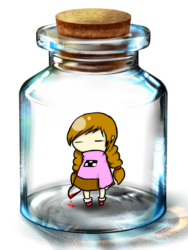 blood, bottle, bottle_meme_(pixiv), braid, brown_hair, chibi, closed_eyes, cork