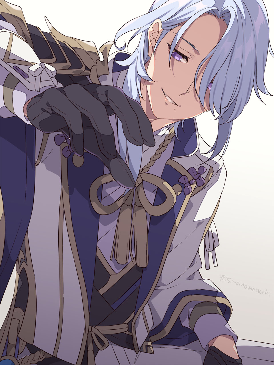 1boy, agemaki_knot, armor, asymmetrical_armor, asymmetrical_hair, black_armor, black_gloves, black_vest