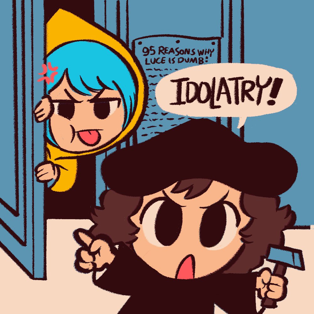 1boy, 1girl, anger_vein, atomiksaico, blue_hair, brown_hair, chibi, commentary, door, english_text, hammer, hat, hood, hood_up, jubilee_2025, long_sleeves, luce_(jubilee_2025), martin_luther, peeking_out, pointing, real_life, tongue, tongue_out, v-shaped_eyebrows