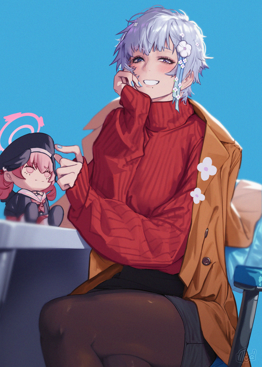 1girl, alternate_costume, black_pantyhose, blue_background, blue_nails, character_request, coat, commentary