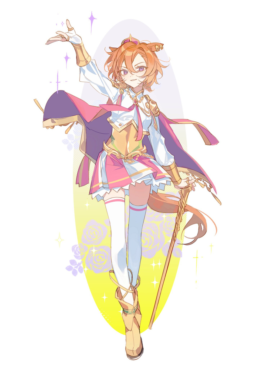 1girl, animal_ears, arm_up, armor, asymmetrical_bangs, boots, breasts, cane