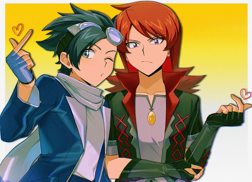 2boys, black_hair, blue_jacket, brown_eyes, closed_mouth, collarbone, ethan_(pokemon), ethan_(sygna_suit)_(pokemon), fingerless_gloves, gloves, goggles, goggles_on_head, green_jacket, heart, highres, jacket, kuruto., long_hair, male_focus, multiple_boys, official_alternate_costume, one_eye_closed, pokemon, pokemon_masters_ex, redhead, silver_(pokemon), silver_(sygna_suit)_(pokemon)