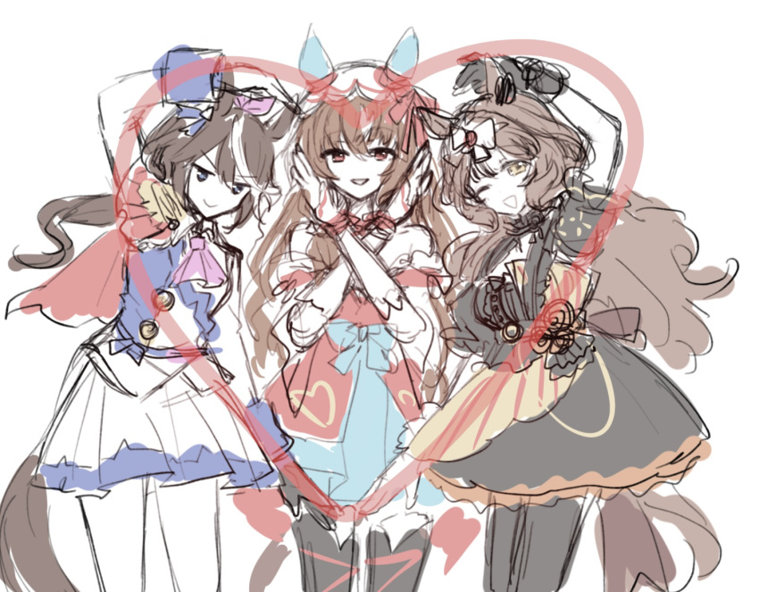 3girls, arm_up, blue_eyes, brown_eyes, brown_hair, detached_sleeves, dress, flower_park_(racehorse)