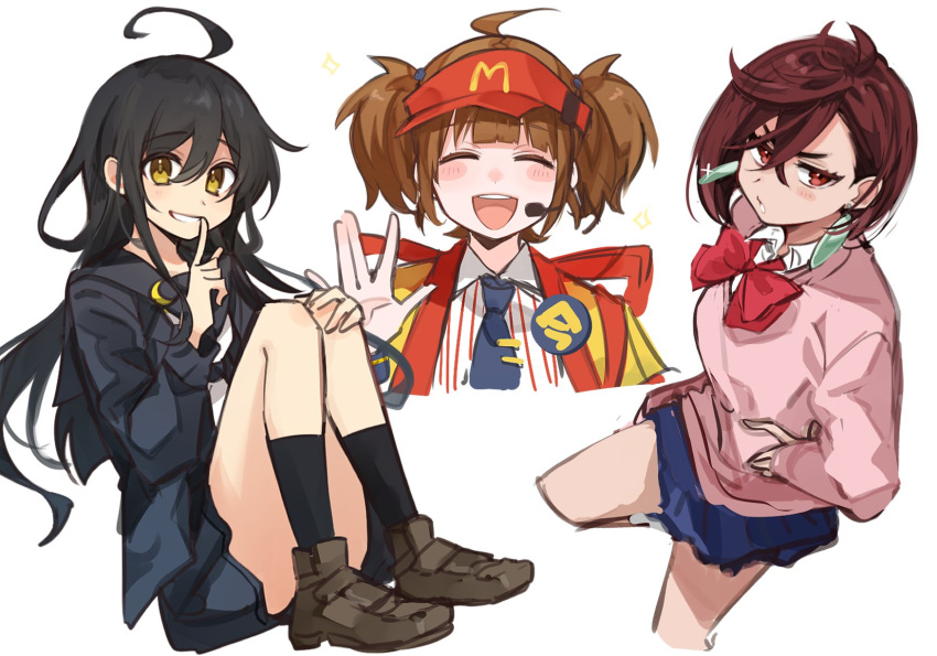 3girls, ahoge, ayase_momo, black_hair, black_serafuku, black_skirt, black_socks, blue_skirt
