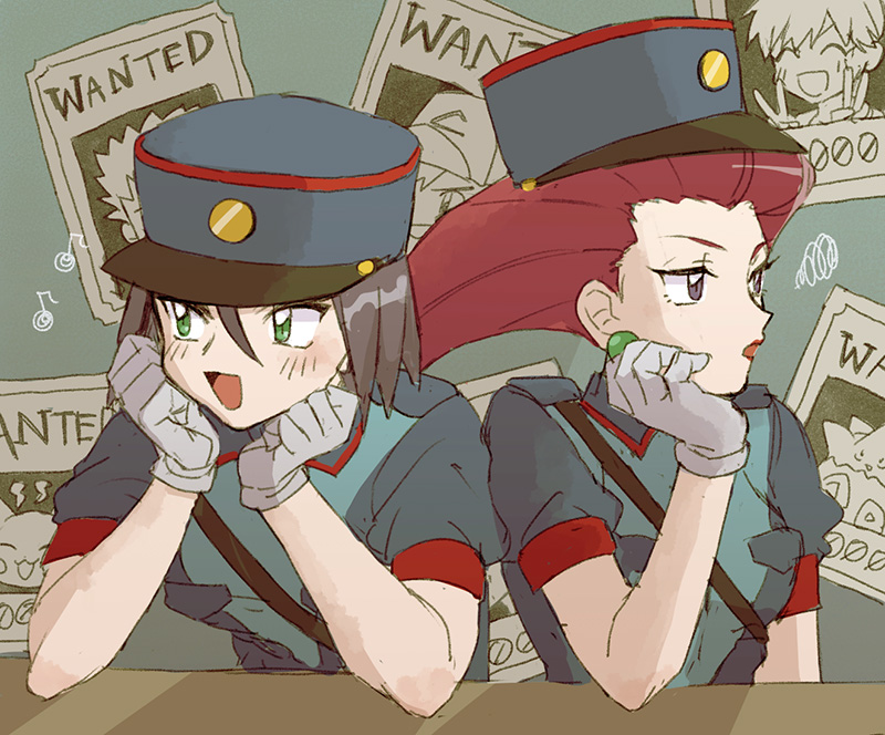 1boy, 1girl, ash_ketchum, ball_earrings, brock_(pokemon), commentary_request, cosplay, crossdressing, elbows_on_table, gloves, green_eyes, hat, james_(pokemon), jenny_(pokemon), jenny_(pokemon)_(cosplay), jessie_(pokemon), long_hair, misty_(pokemon), nmnm_bbb, pikachu, pokemon, pokemon_(anime), red_lips, redhead, short_hair, togepi, wanted_poster