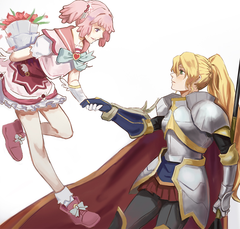 2girls, alicetaria_february, ankle_socks, armor, black_sleeves, blonde_hair, blue_ribbon, bouquet