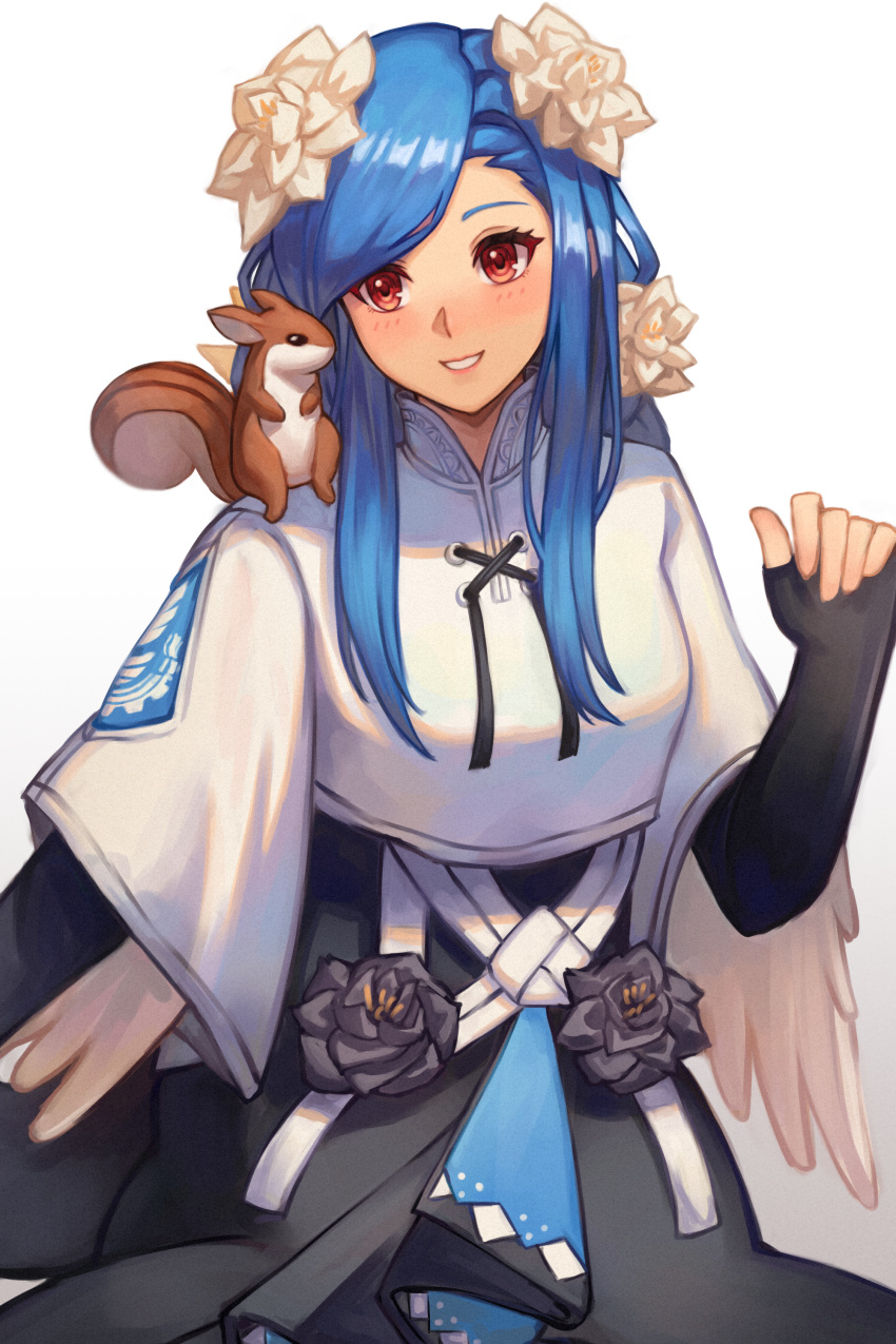 1girl, 20060715, absurdres, animal, animal_on_shoulder, black_dress, black_flower, black_skirt, blue_hair, blush, commentary_request, dizzy_(guilty_gear), dress, fingerless_gloves, flower, gloves, guilty_gear, guilty_gear_strive, hair_flower, hair_ornament, highres, long_hair, mandarin_collar, queen_dizzy, red_eyes, shirt, sidelocks, sitting, skirt, smile, solo, squirrel, swept_bangs, white_background, white_shirt, wide_sleeves, yellow_flower