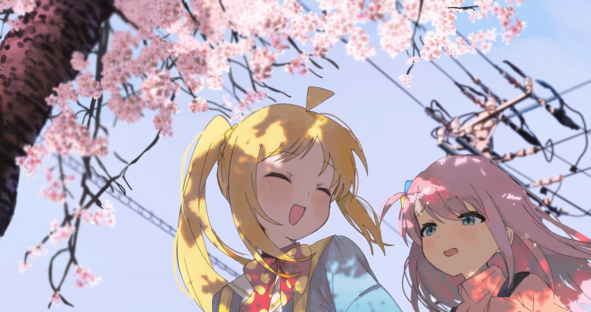 2girls, ahoge, blonde_hair, blue_eyes, blue_sky, bocchi_the_rock!, bow, bowtie