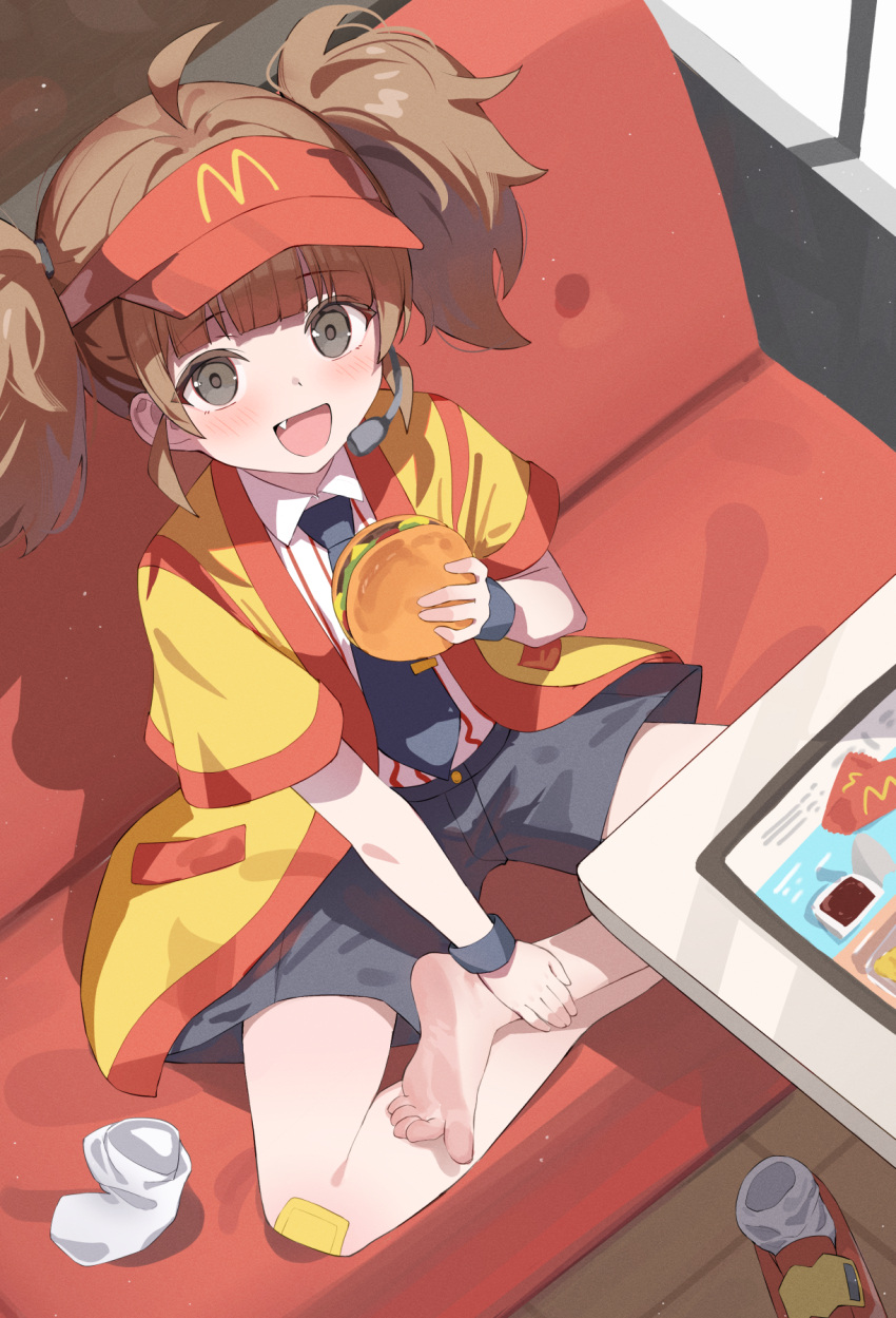 1girl, :d, ahoge, barefoot, bench, bitseon, black_necktie, black_shorts, black_wristband, blunt_bangs, blush, booth_seating, brown_eyes, brown_hair, burger, cheese, commentary, double_cheese_(mcdonald's), eating, fang, feet, food, from_above, gauze_on_knee, hand_on_own_ankle, hat, headset, highres, holding, holding_burger, holding_food, indian_style, ketchup, lettuce, light_particles, looking_at_viewer, looking_up, loose_hair_strand, mcdonald's, medium_hair, microphone, necktie, on_bench, open_happi, pinstripe_pattern, pinstripe_shirt, placemat, red_hat, red_shirt, restaurant, sauce, shirt, shoes, shorts, sidelocks, sitting, smile, socks, soles, solo, striped_clothes, striped_shirt, table, tie_clip, toes, tomato, tomato_slice, tray, twintails, two-tone_shirt, unworn_shoes, unworn_socks, vertical-striped_clothes, vertical-striped_shirt, visor_cap, white_shirt, white_socks, window, wooden_floor, yellow_happi