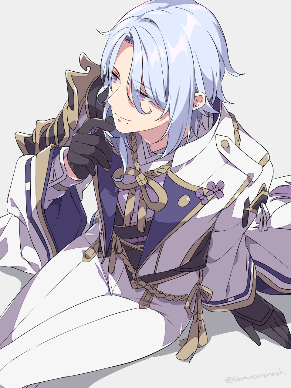 1boy, agemaki_knot, armor, asymmetrical_armor, asymmetrical_hair, black_armor, black_gloves, black_vest