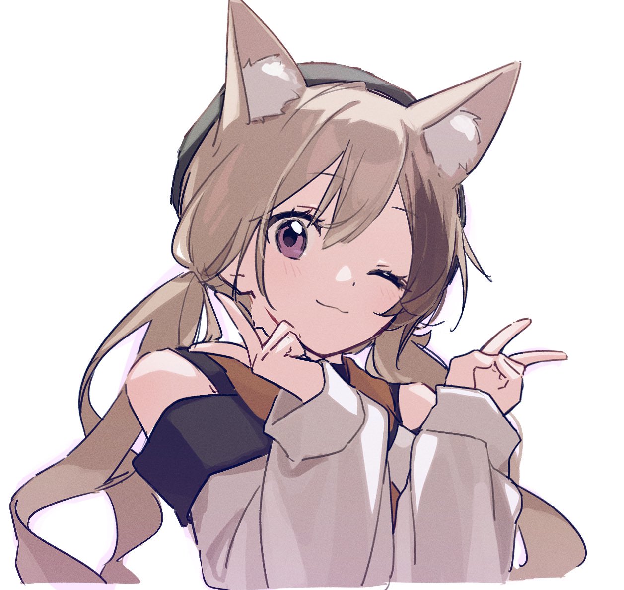 1girl, ;), animal_ears, arknights, bare_shoulders, beret, black_hat, brown_hair