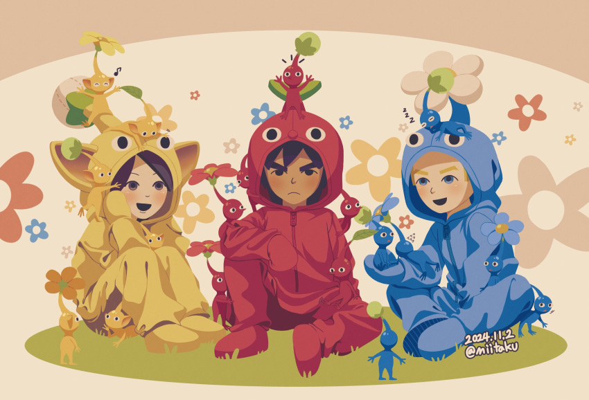 1girl, 2boys, :d, animal, animification, black_hair, blonde_hair, blue_eyes