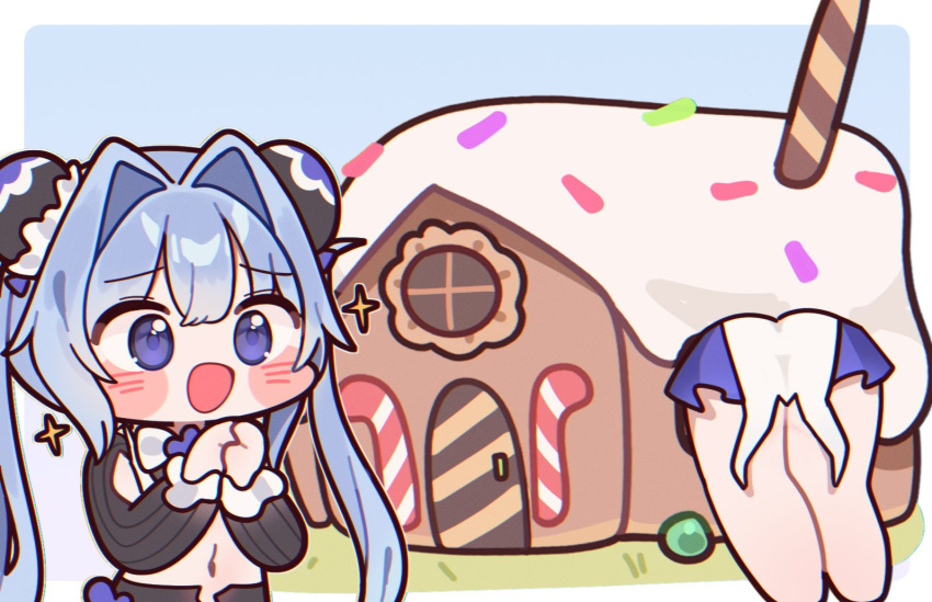 2girls, blue_eyes, blush, buried, candy, chibi, double-parted_bangs, food, goddess_of_victory:_nikke, grass, gretel_(nikke), hansel_(nikke), house, mming_(mmingis18), multiple_girls, navel, old_tales_(nikke), open_mouth, own_hands_together, siblings, smile, thighs, twins, twintails