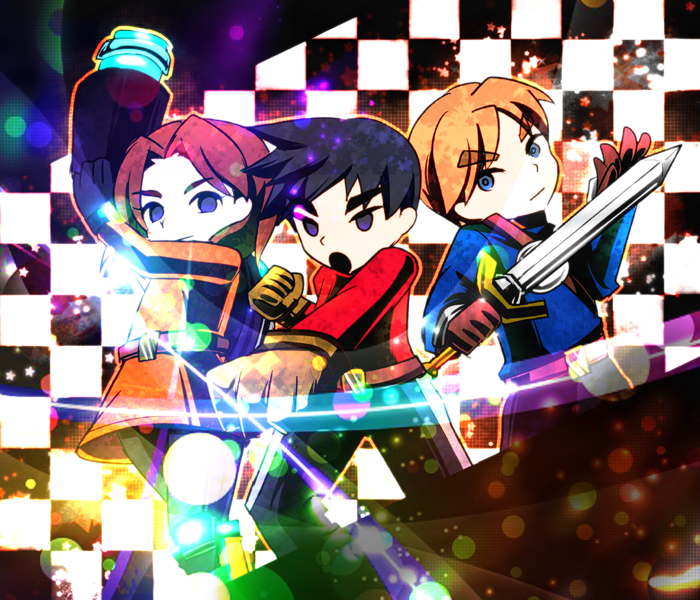 1girl, 2014, 2boys, arm_cannon, belt, black_hair, blonde_hair, blue_eyes, brown_hair, checkered_background, chibi, gloves, holding, holding_weapon, jacket, light_particles, mii_(nintendo), mii_brawler, mii_brawler_(smash_4), mii_gunner, mii_gunner_(smash_4), mii_swordfighter, mii_swordfighter_(smash_4), momoyukipch, multiple_boys, nintendo, orange_hair, redhead, short_hair, super_smash_bros., sword, weapon