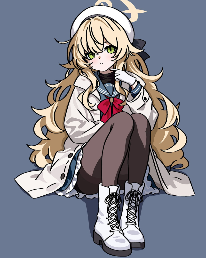 1girl, becauseimajinx, black_pantyhose, blonde_hair, blue_archive, blue_dress, blue_sailor_collar, coat