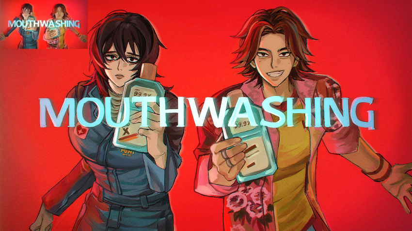 1boy, 1girl, anya_(mouthwashing), black_eyes, black_hair, blue_jumpsuit, bottle, brown_hair