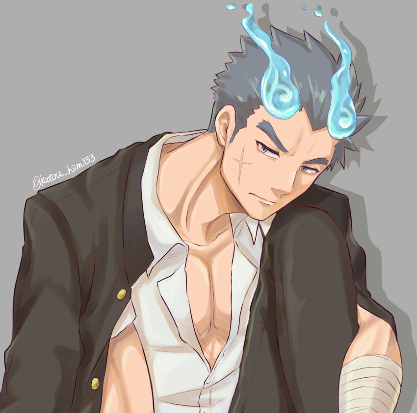 1boy, bandaged_arm, bandages, black_jacket, blue_fire, collarbone, collared_shirt, drop_shadow