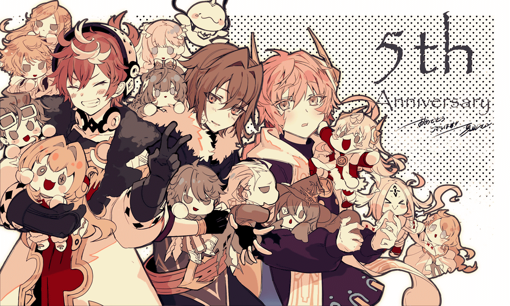 3boys, ^_^, ambrosia_(ta_ga_tame_no_alchemist), andechs_(ta_ga_tame_no_alchemist), anniversary, artist_name, black_gloves, brown_hair