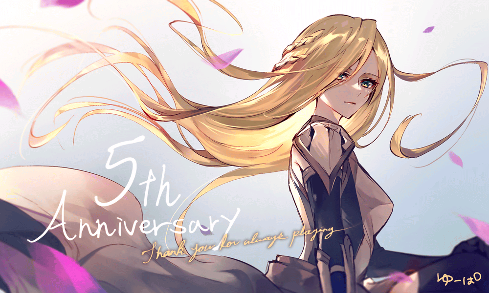1girl, anniversary, artist_name, blonde_hair, braid, closed_mouth, floating_hair, from_side, gradient_background, green_eyes, grey_background, hair_between_eyes, julia_(ta_ga_tame_no_alchemist), long_hair, looking_at_viewer, official_art, pink_petals, second-party_source, signature, simple_background, solo, ta_ga_tame_no_alchemist, u-pa, upper_body