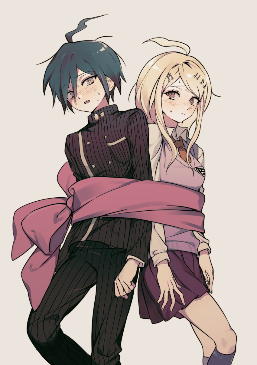 1boy, 1girl, ahoge, akamatsu_kaede, black_hair, black_pants, black_shirt, blonde_hair