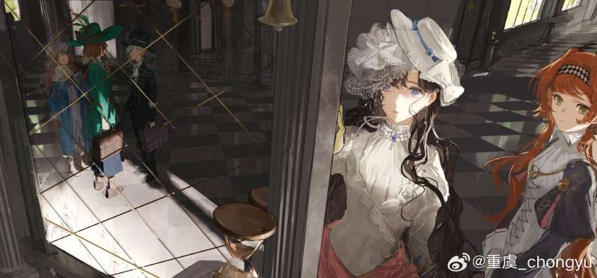 5girls, :o, bag, black_coat, black_hair, black_hat, black_skirt, blue_coat