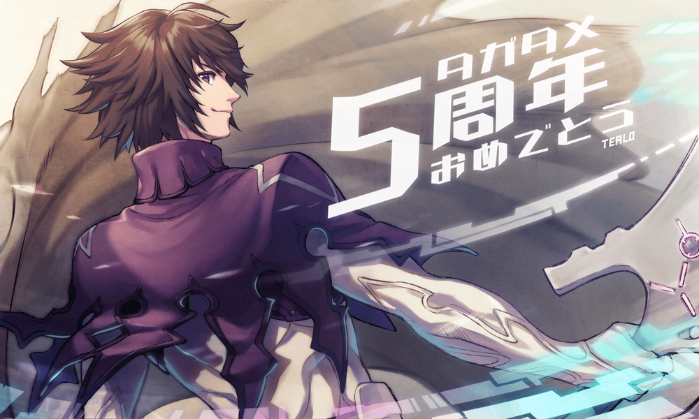 1boy, andechs_(ta_ga_tame_no_alchemist), anniversary, artist_name, brown_hair, closed_mouth, from_behind, holding, holding_sword, holding_weapon, looking_at_viewer, looking_back, male_focus, official_art, profile, second-party_source, smile, solo, sword, ta_ga_tame_no_alchemist, tealo, upper_body, violet_eyes, weapon