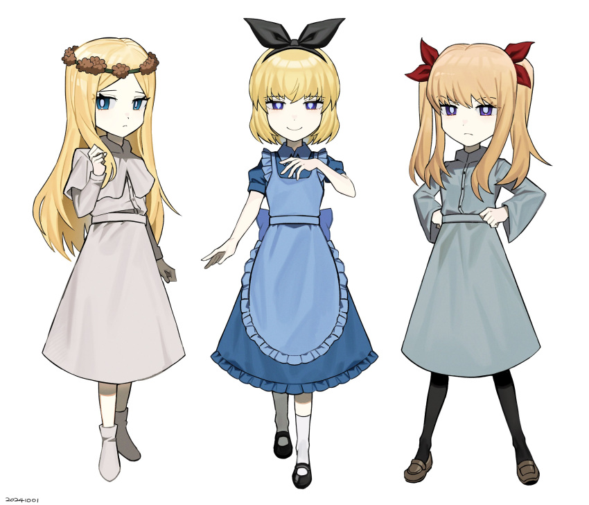 3girls, alice_liddell_(black_souls), apron, asdf1211950, black_bow, black_pantyhose, black_souls, black_souls_2