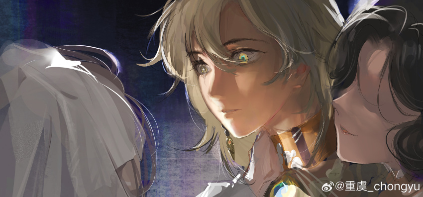 3girls, absurdres, argus_(reverse:1999), black_hair, blonde_hair, brown_choker, brown_hair, choker
