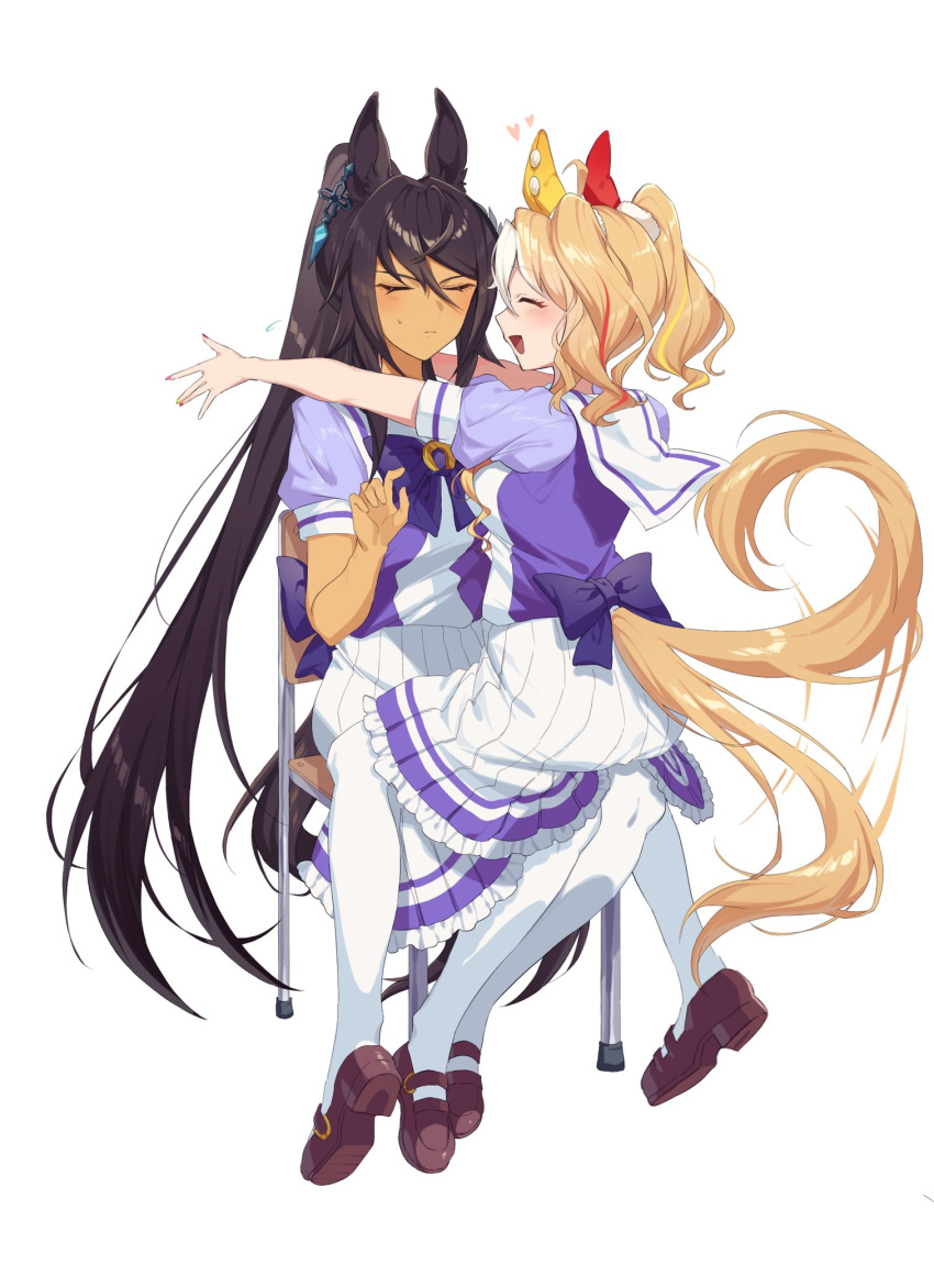 2girls, afterimage, ahoge, animal_ears, back_bow, blonde_hair, blue_eyes, bow