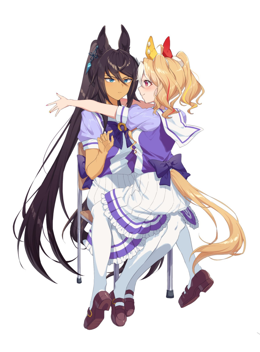 2girls, ahoge, animal_ears, back_bow, blonde_hair, blue_eyes, bow, bowtie