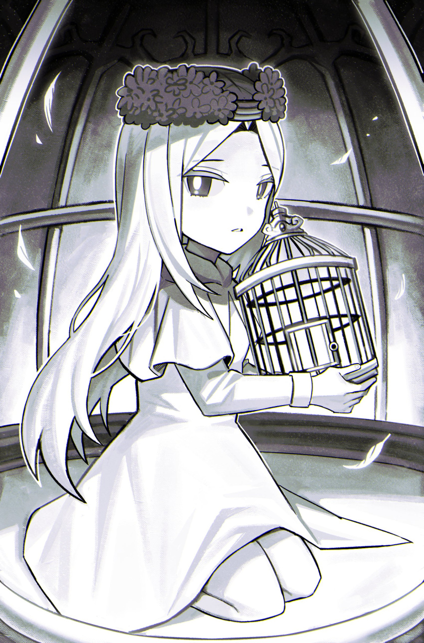 1girl, absurdres, asdf1211950, black_souls, black_souls_2, cage, capelet, edith_liddell_(black_souls), feathers, greyscale, head_wreath, highres, holding, holding_cage, in_cage, kneeling, long_hair, long_sleeves, looking_at_viewer, monochrome, parted_lips, seiza, sidelocks, sitting, solo