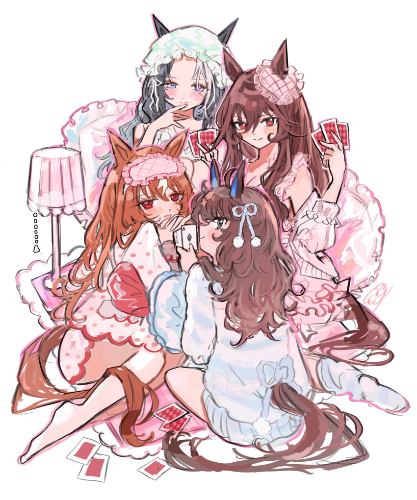 4girls, absurdres, alternate_costume, alternate_hairstyle, animal_ears, breasts, brown_hair, card