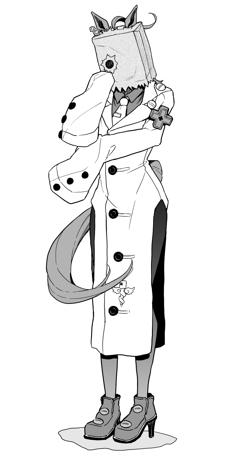 1girl, absurdres, agnes_tachyon_(umamusume), ahoge, animal_ears, bag, bag_over_head, caduceus