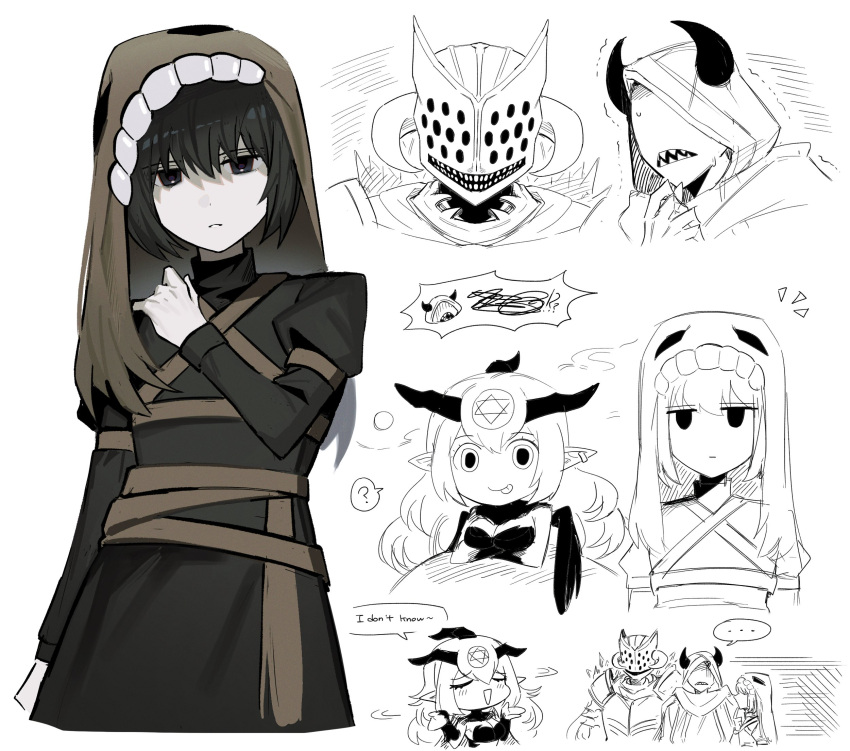1girl, 3boys, asdf1211950, baphomet_(black_souls), black_dress, black_eyes, black_hair, black_souls