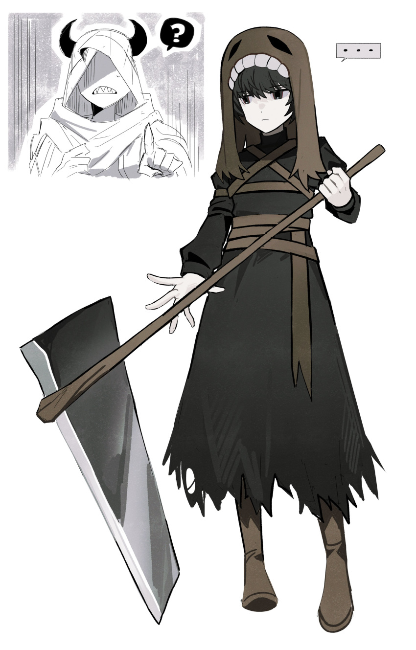 2boys, absurdres, asdf1211950, axe, black_dress, black_eyes, black_hair, black_souls