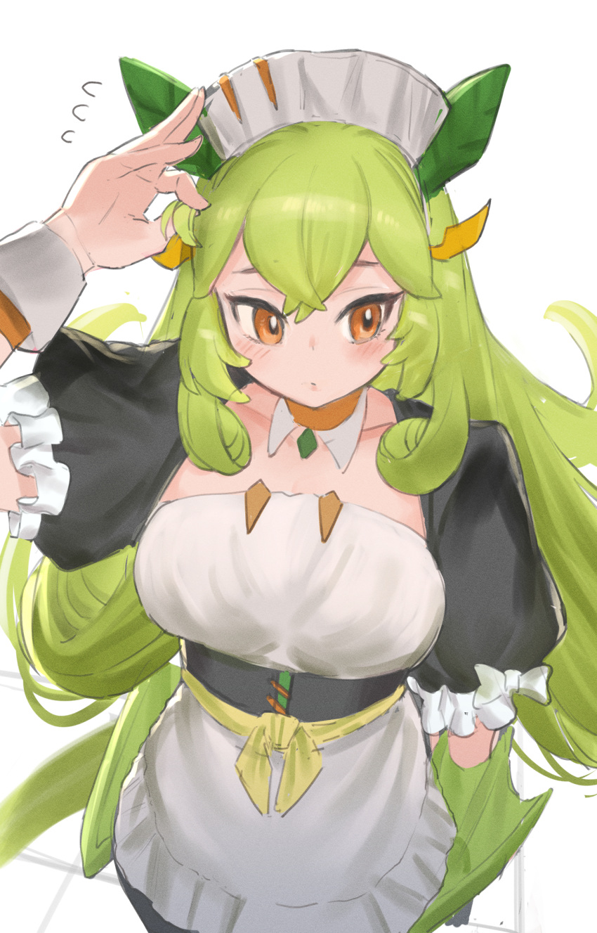 1girl, arm_up, blush, breasts, dougaku_(passionpit777), dragon_girl, dragon_horns, dragon_tail