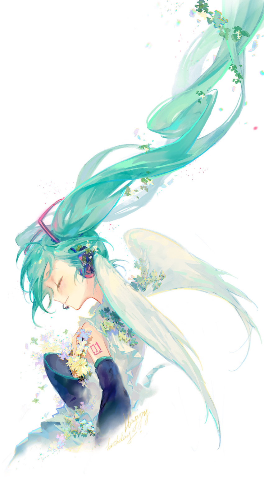 1girl, absurdres, bare_shoulders, black_sleeves, blue_flower, closed_eyes, closed_mouth, cropped_torso