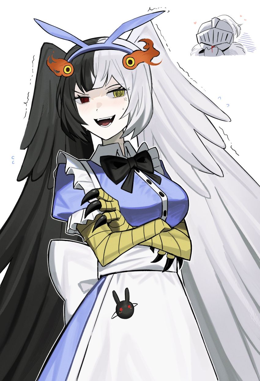 1boy, 1girl, alice_(black_souls), alice_(black_souls)_(cosplay), asdf1211950, asymmetrical_wings, black_bow, black_bowtie