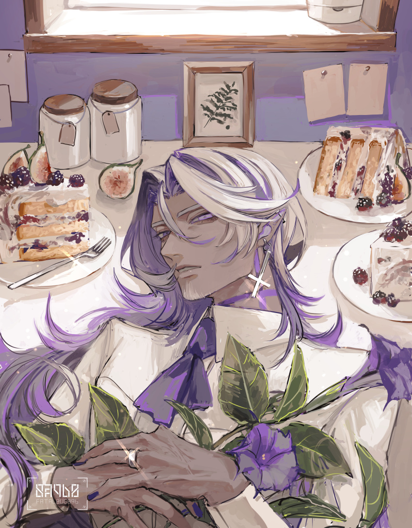 1boy, absurdres, angel's_trumpet, artist_name, ascot, barbell_piercing, blackberry_(fruit), cake, cake_slice, collared_shirt, colored_inner_hair, cross, cross_earrings, curtained_hair, dark-skinned_male, dark_skin, earrings, facial_hair, fatalbug896, fig, flower, food, fork, framed_plant, glint, hair_between_eyes, highres, holding, holding_flower, indoors, jar, jewelry, leaf, long_hair, looking_at_viewer, lying, male_focus, mature_male, multicolored_hair, nail_polish, note, on_back, on_table, original, parted_bangs, parted_lips, picture_frame, piercing, plate, pointy_ears, purple_ascot, purple_flower, purple_hair, purple_nails, ring, shirt, solo, streaked_hair, stubble, table, upper_body, violet_eyes, white_hair, white_shirt, window, windowsill